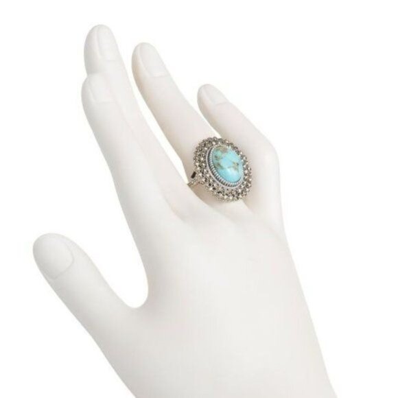 SHIVAM Ring 8 Sterling Silver Scroll Filigree Blue Turquoise Marcasite Boho - Picture 2 of 8
